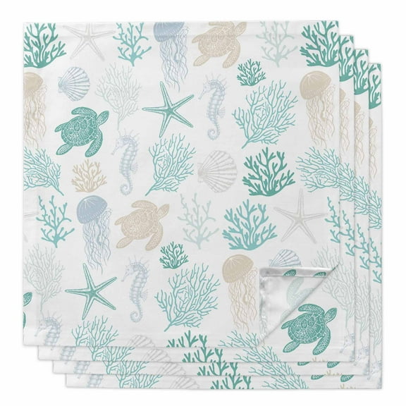 Boanket Teal Coastal Cloth Napkins Set of 4, Holiday Napkins for Baby Shower, Nautical Summer Beach Coral Sea Turtle Washable Reusable Dinner Napkins for Cocktail Wedding Party, 20 x 20 Inch
