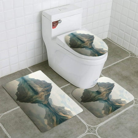 PUDMAD Panorama Mountains Reflected in Bow Lake Obscured b Smoke and Clouds Alberta Canada 3 Piece Bathroom Rugs Set Bath Rug Contour Mat and Toilet Lid Cover