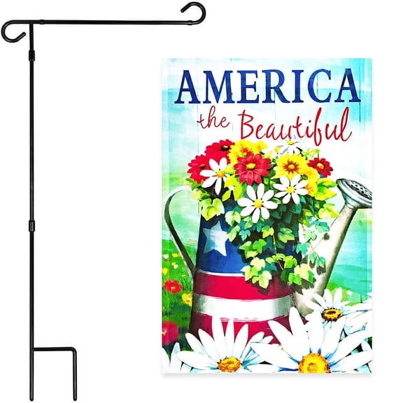 G128 Combo Pack: Garden Flag Stand Black 36x16IN & Garden Flag America the Beautiful Spring Flowers Watering Can 12x18IN