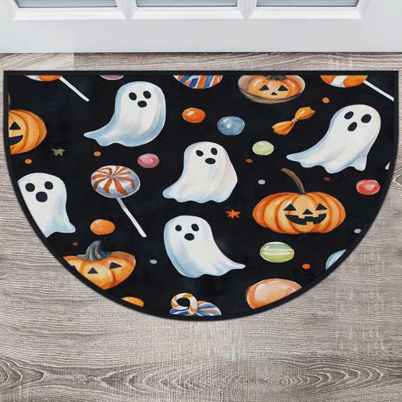 CURLYOOT Halloween Half Round Door Mat, Indoor Outdoor Entrance Rug, Ghost Candy Semi Circular Area Rug, Non Slip Washable Absorbent Doormat, Laundry Room Rug 40'' x 63''