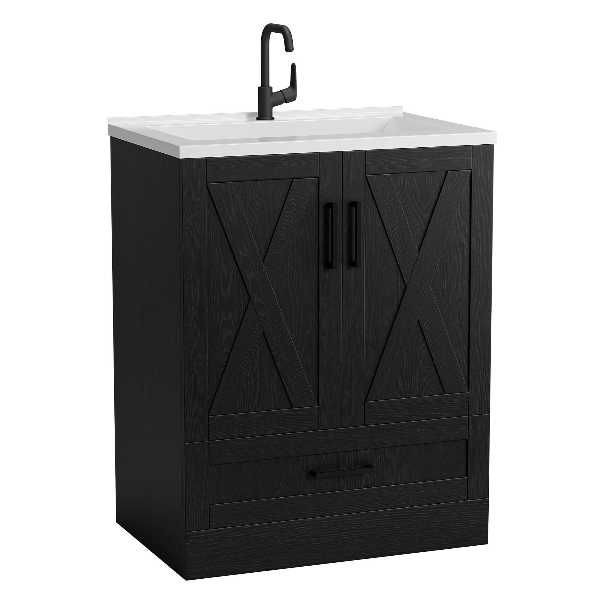 Lacoo 24" Bathroom Vanity with Sink Basin, Farmhouse Bathroom Storage Vanity Cabinet with 2 Doors & 1 Drawer, Freestanding Bathroom Cabinet with Washbasin, Black