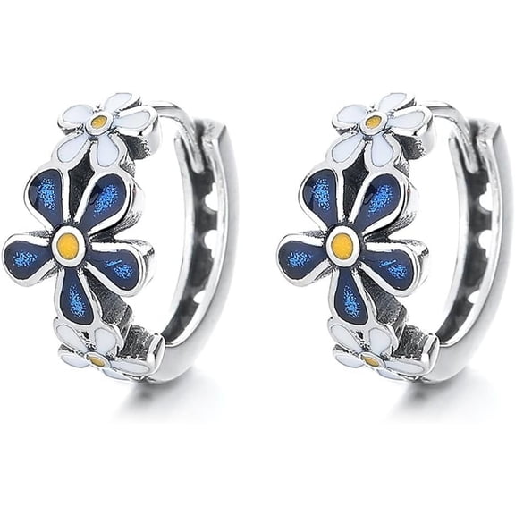 Vintage Blue Daisy Flower Small Hoop Earrings for Women 925 Sterling Silver Daisy Huggie Hinged Hoops Cartilage Earrings Elegant Ear Jewelry Gifts for Birthday Party