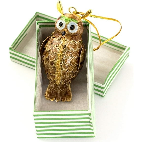 Cloisonne Articulated Gold Owl Ornament, Enamel on Copper