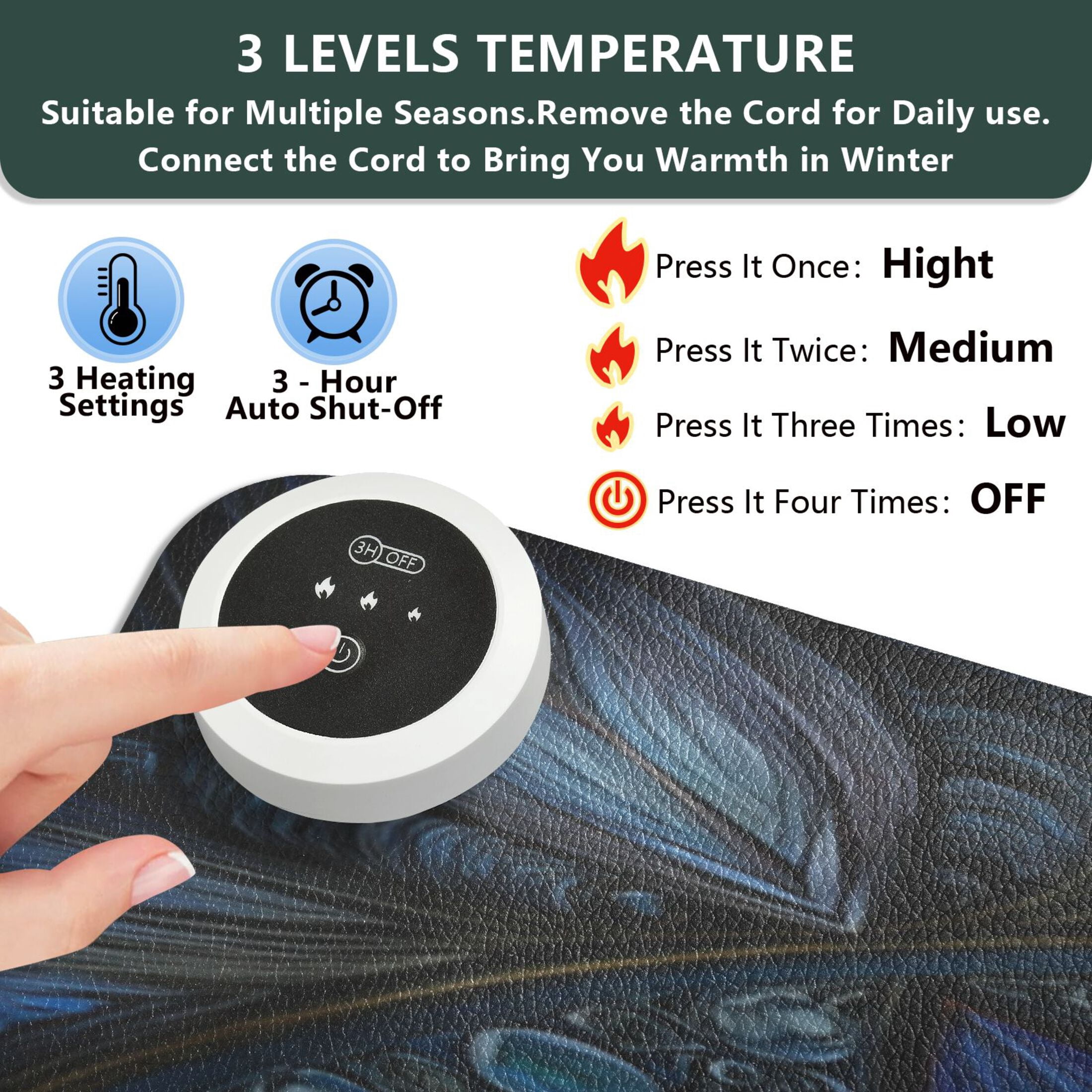 Large Heated Desk Mat Mouse Pad 31.5"x13"PU Leather Graphene Heating Desk Warmer with 3 Temperature Settings 110V US Plug Non-Slip Warm Pad for Home, Office, and Gaming Blue Glass Flower Petals