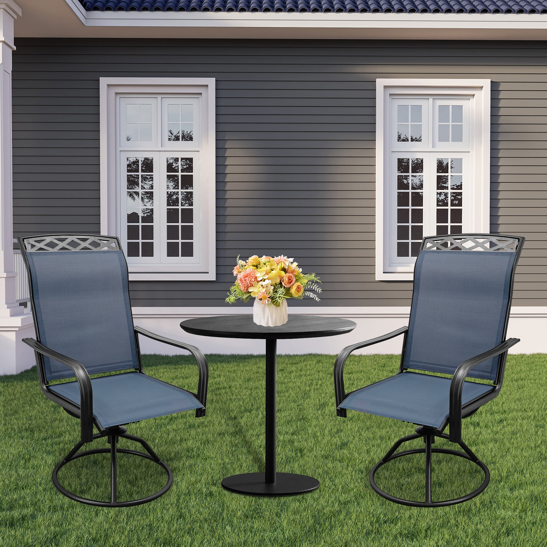 Patio Swivel Dining Chairs Set of 2,Outdoor Swivel Rocker Patio Chairs with All Weather Textilene High Back Metal Frame,for Backyard, Porch, Garden & Lawn (Blue)