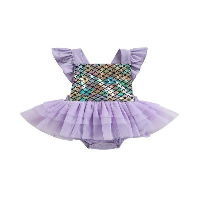 Robe en Tulle pour Bébé Fille Manches Volantes Sirène Tutu Robe Justaucorps Tenue d'Été Vêtements