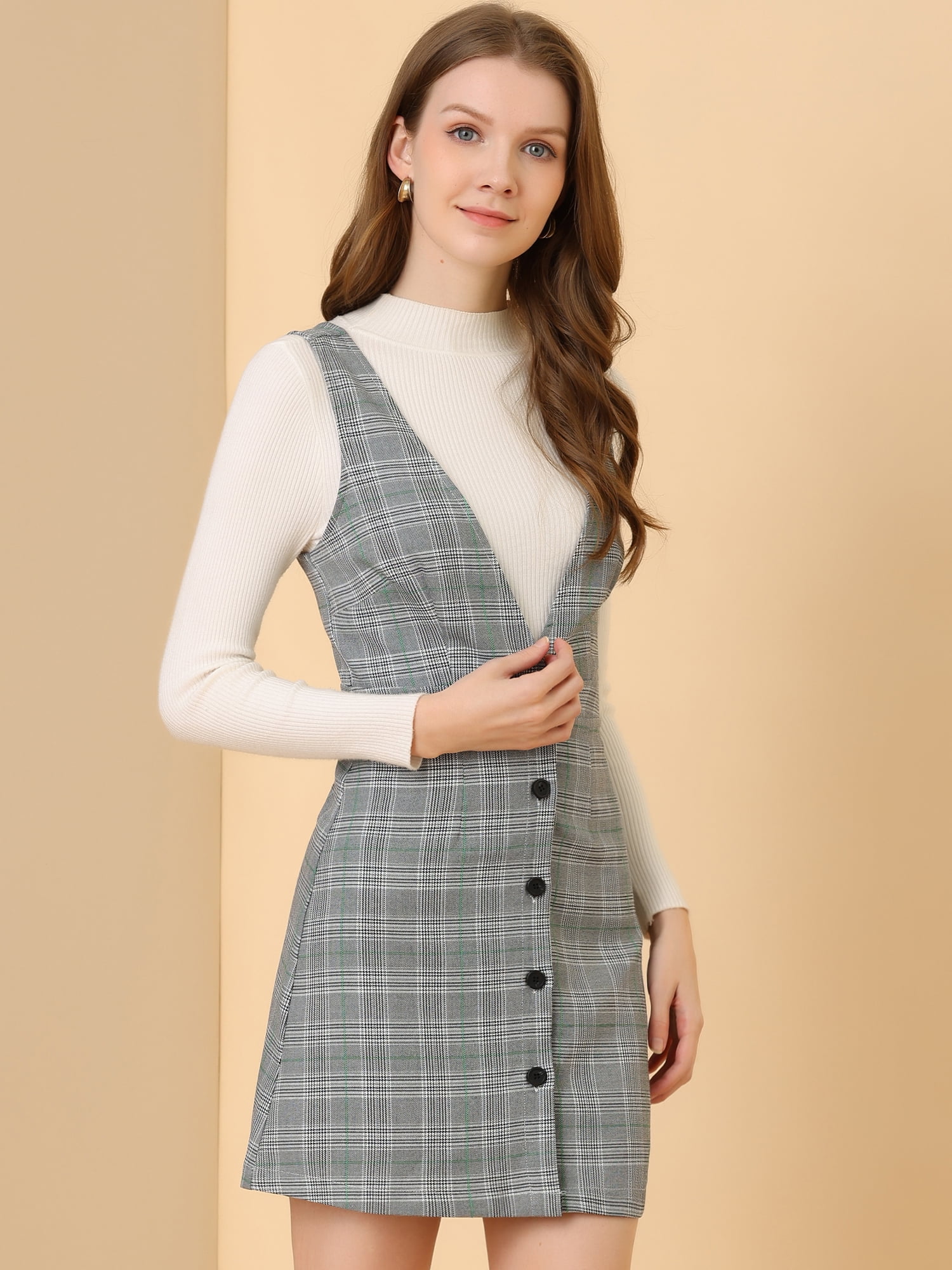 DARING DIVA Houndstooth Plaid Suspenders Pinafore Overall Dress XL Black Green