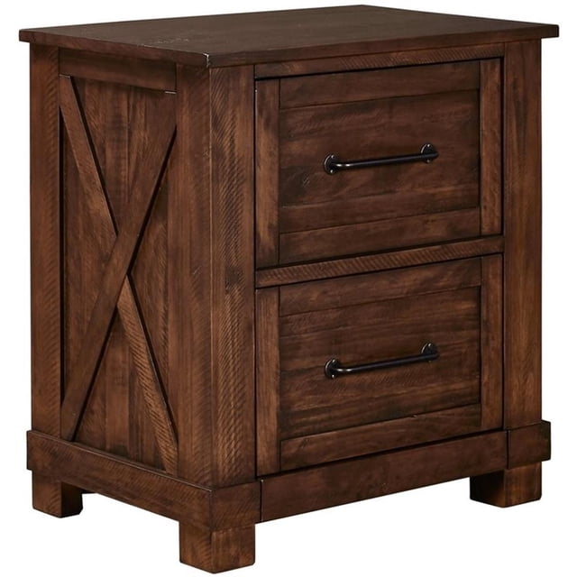 Bowery Hill Contemporary 2 Drawer Rustic Solid Wood Nightstand in Timber