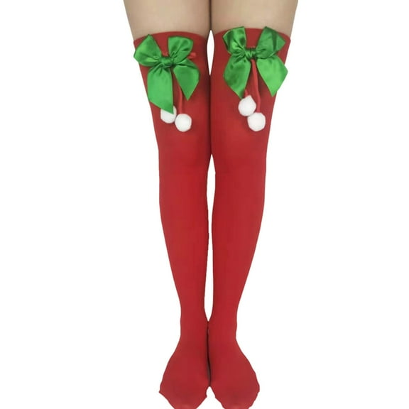 IWRICH Christmas Striped Thigh High Socks for Women Long Striped Socks Candy Cane High Stockings with Bow Grey