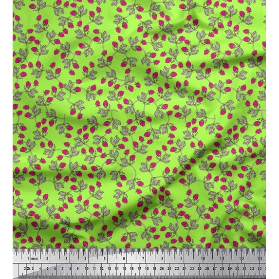 Soimoi Japan Crepe Satin Fabric Leaves & Strawberry Fruits Printed Craft Fabric by The Yard 42 Inch Wide