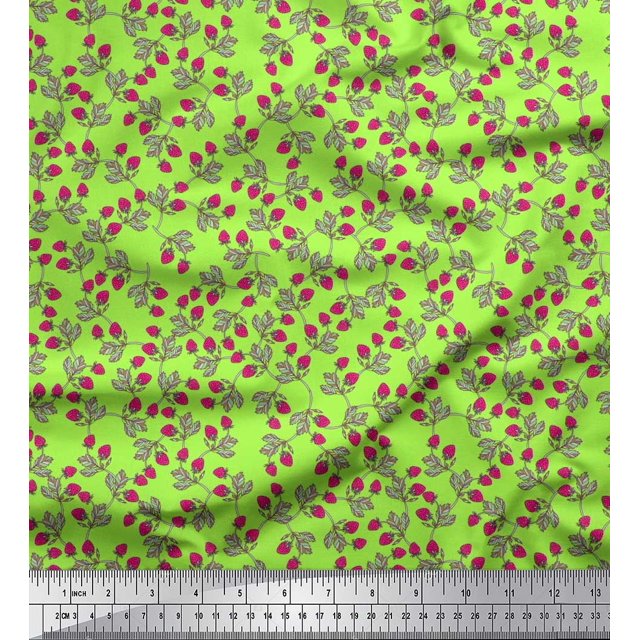 Soimoi Poly Georgette Fabric Leaves & Strawberry Fruits Decor Fabric Printed Yard 52 Inch Wide