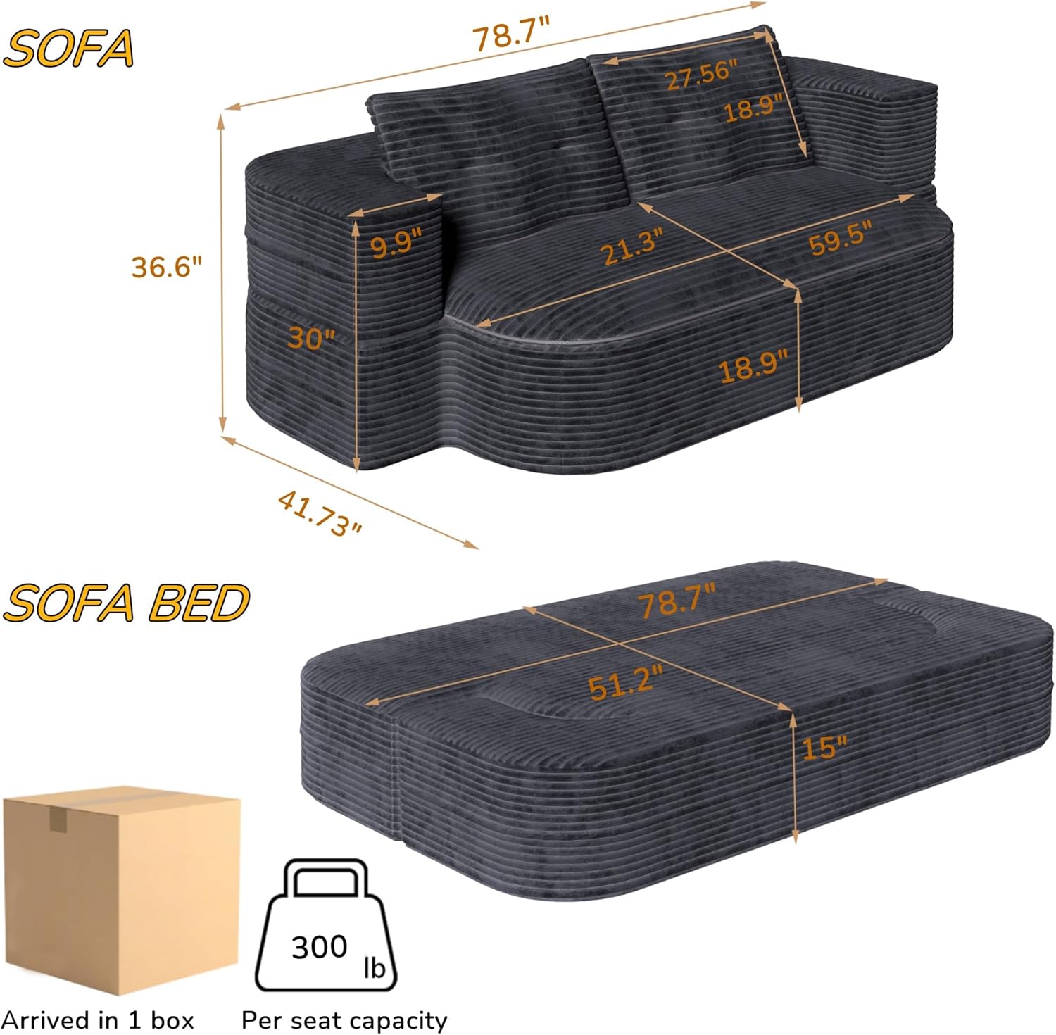 78.7'' Folding Sofa Bed Queen Sleeper Sofa, 2-in-1 Convertible Corduroy Boneless Couch with Blanket, Modern Futon Loveseat Couches for Living Room, Guest Bed, No Assembly Couch, Dark Grey