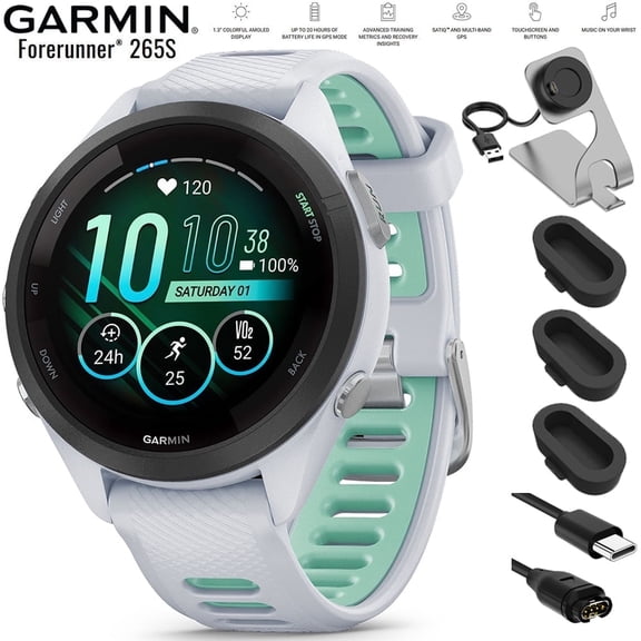 Garmin 010-02810-04 Forerunner 265S GPS Smartwatch Whitestone/Neo Tropic Bundle with Deco Essentials Charging Dock, Silicone Dust Cover 3 Pack and USB Type C Charging Cable