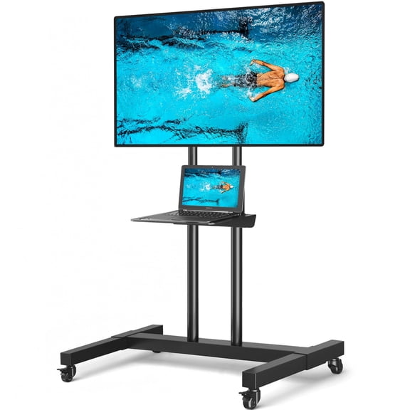 Modern Height Adjustable Mobile Rolling TV Stand, Metal TV Cart Floor Stand with Projector Shelf for 32-75 Inch Flat Panel TVs