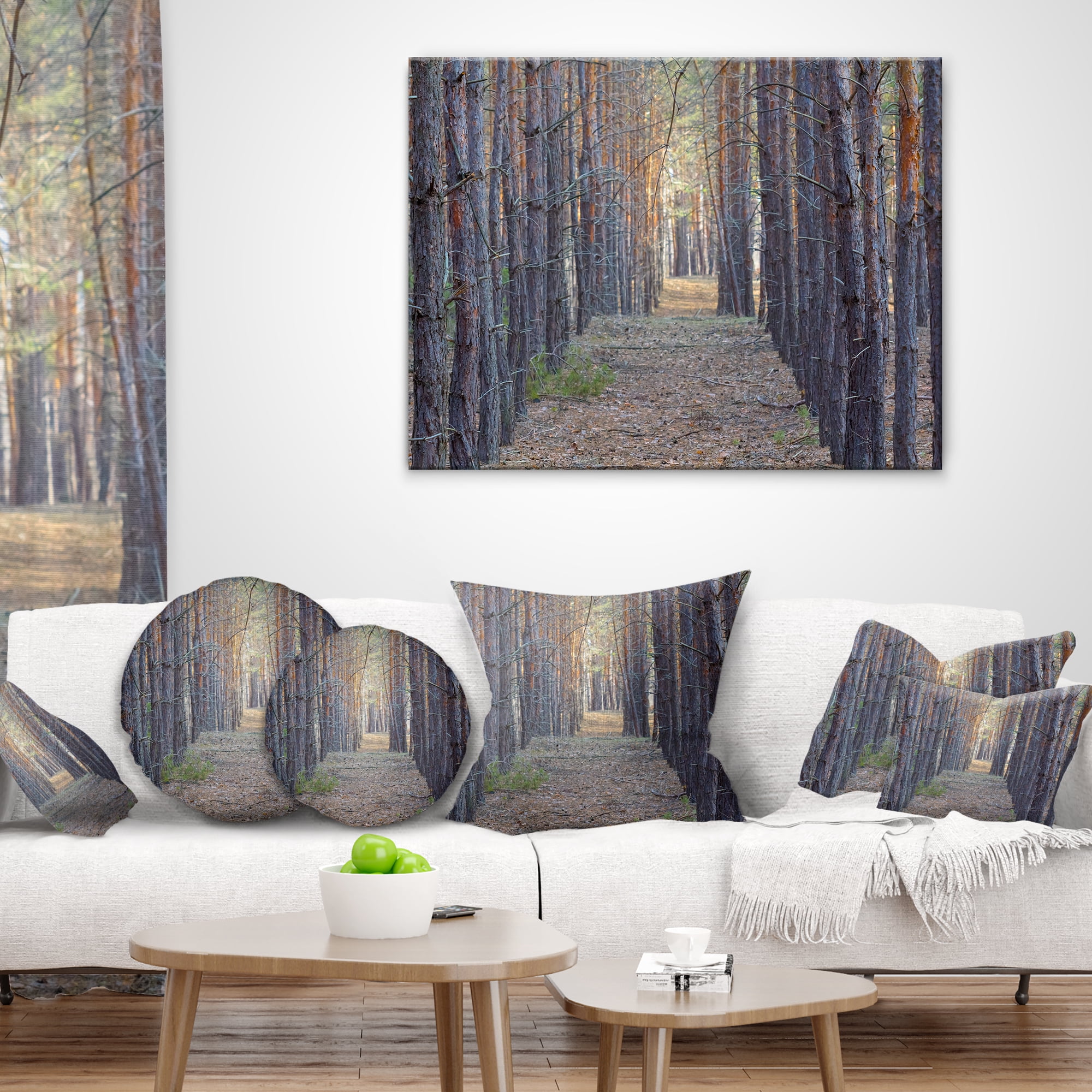 Designart Slender Pine Tree Forest Photography - Modern Forest Throw Pillow - 16x16
