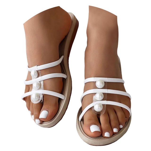 IUJSOY Sandales Plates pour Femmes Mode Perles à Enfiler Mules Bout entre-Doigts Été Décontractées Chaussures d'Extérieur