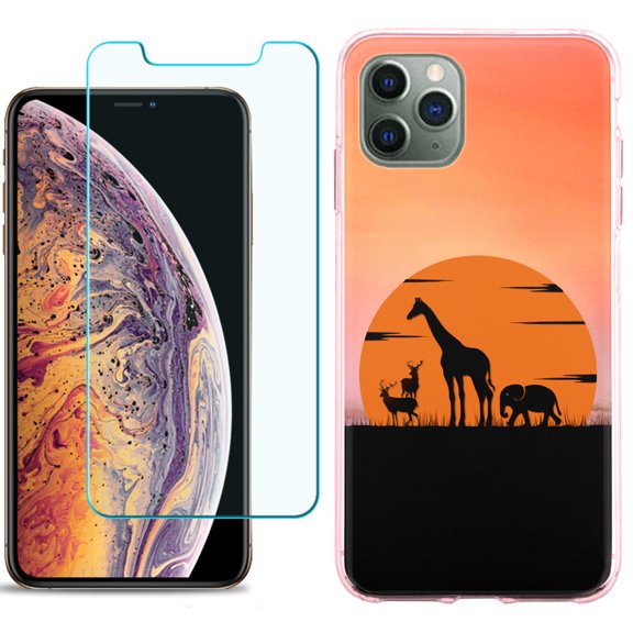 For Apple iPhone 11 PRO Case, Slim-Fit TPU Protective Phone Case (Pink Bezel) with Tempered Glass Screen Protector, by OneToughShield ® - Sunset Safari