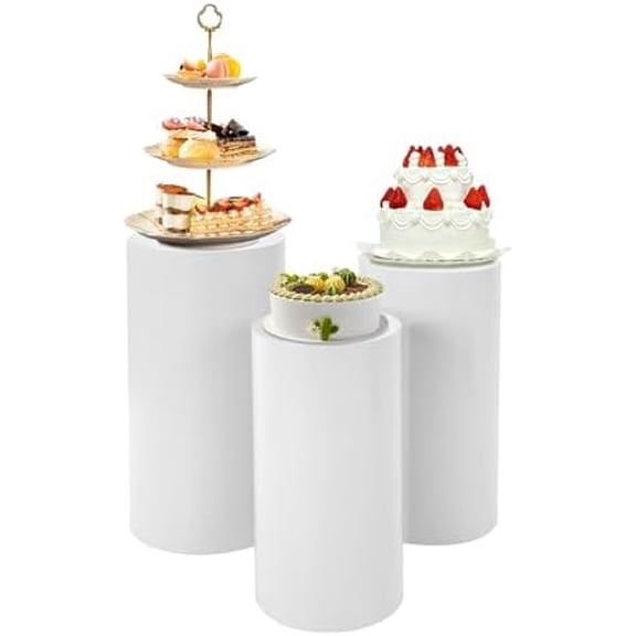 3-Pack White Metal Cylinder Pedestal Stands for Cake Table Display, Party Wedding Birthday Decor, Heavy Duty Iron Round Display Pedestal Stands Set (60/55/50cm)$$Home Decor, Kitchen, & Other