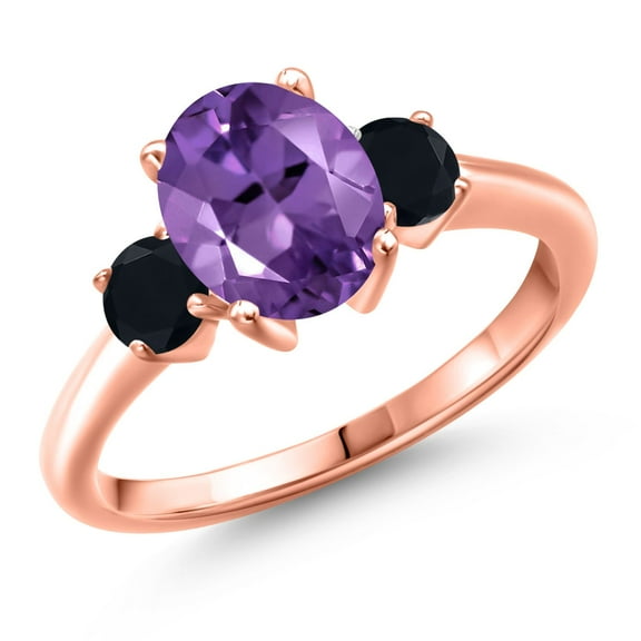 Gem Stone King 18K Rose Gold Plated Silver Purple Amethyst and Black Onyx Engagement Ring for Women | 2.04 Cttw | Oval 9X7MM | Gemstone February Birthstone | Size 7