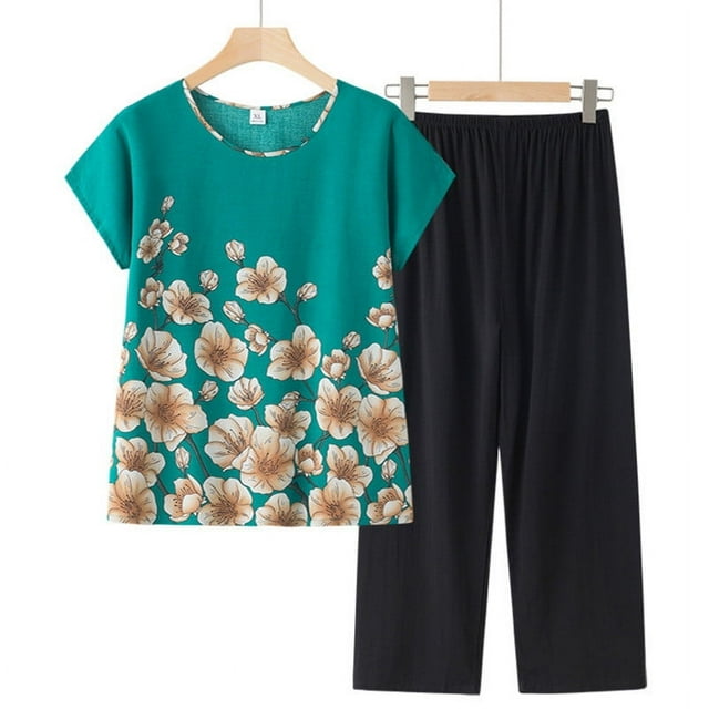 Georges Ensembles 2 Pcs pour Femmes Été Ensemble d'Été pour Femmes en Coton et Lin Deux Pièces Manches Courtes Col Rond Hauts Imprimés Ensemble Pantalon