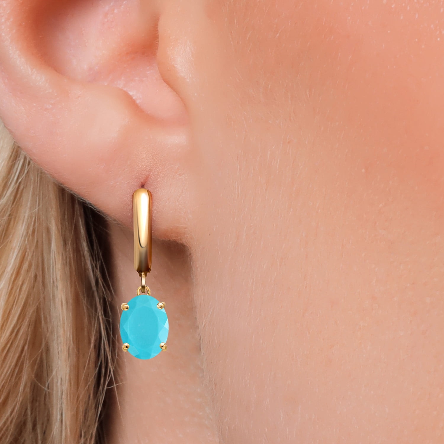 Gem Stone King 14K Yellow Gold Green Turquoise Dangle Earrings for Women | 3.00 Cttw | Gemstone Birthstone | Oval 9X7MM | Fine Jewelry Gifts for Women Mom Wife Her