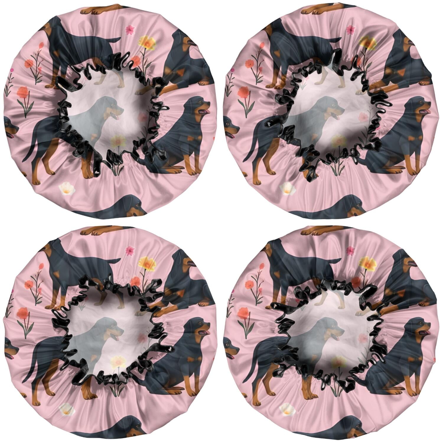Shower Caps,Rottweiler Dogs with Pioneer Flower Waterproof Shower Cap for Women 4 Pieces,Double Reusable Hair Cover for Shower PEVA Elastic Stretch Hem