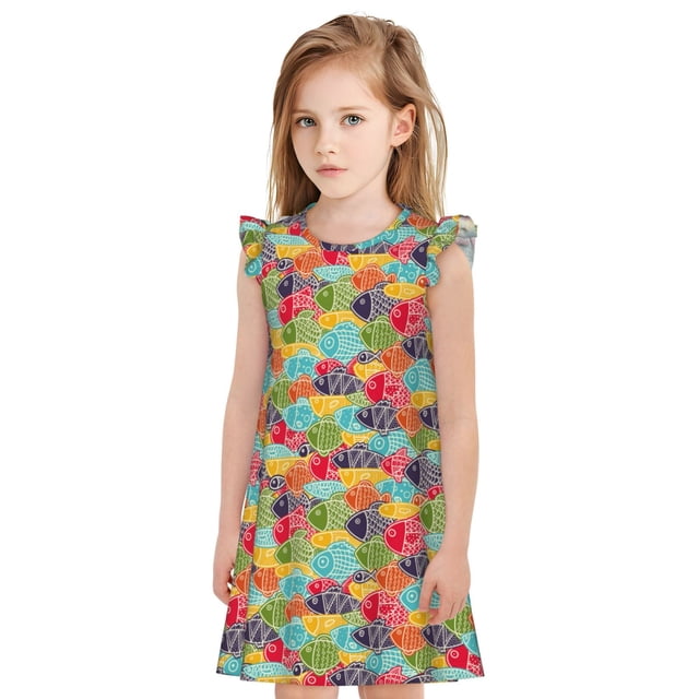Balery Colorful Fish 2 Camisón de princesa para niñas, pijama de algodón con mangas abullonadas, suave y bonito.-Small