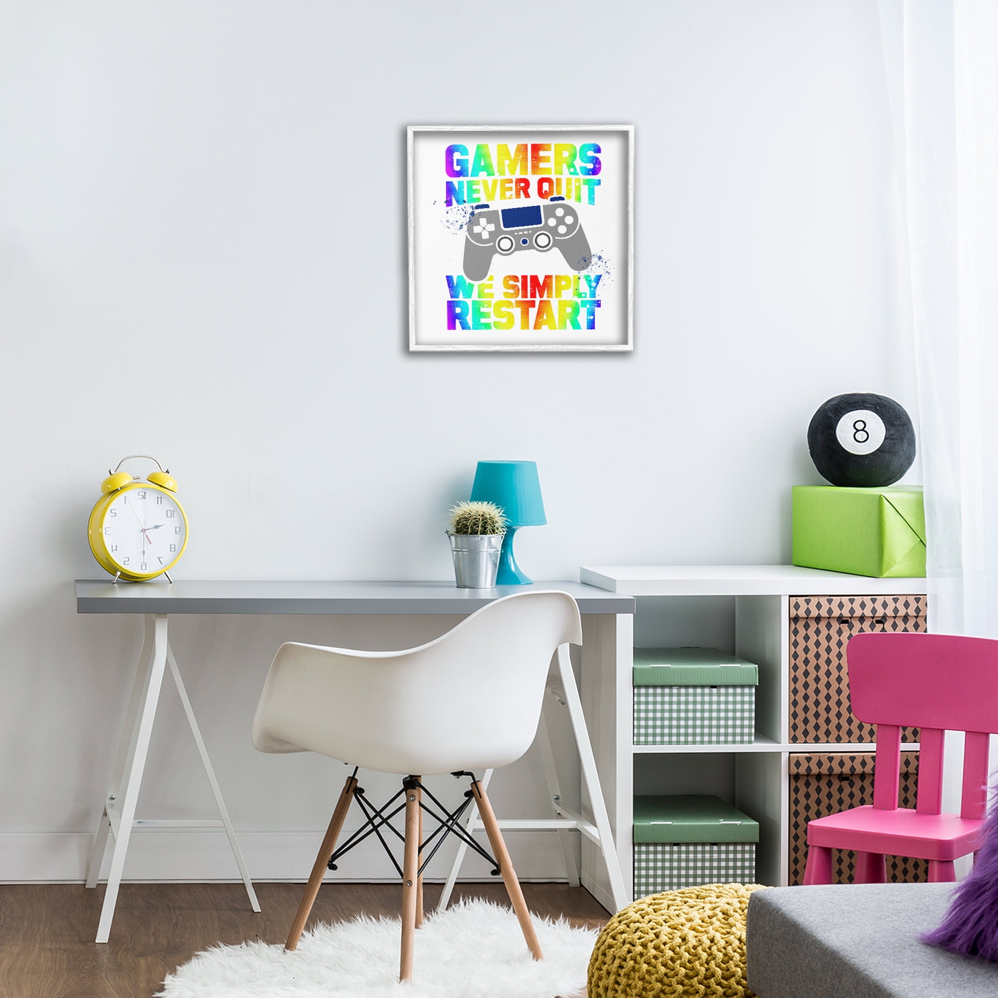 Rainbow Gamers Never Quit White Framed Giclee Art, design by Kim Allen