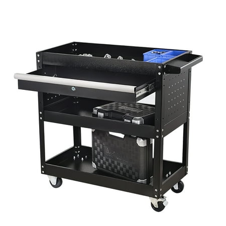

3-Shelf Tool Service Cart Rolling Tool Storage Organizer Commercial Mechanics Utility Cart 330 LBS Weight Capacity w/ Locking Drawer for Home Garage Black