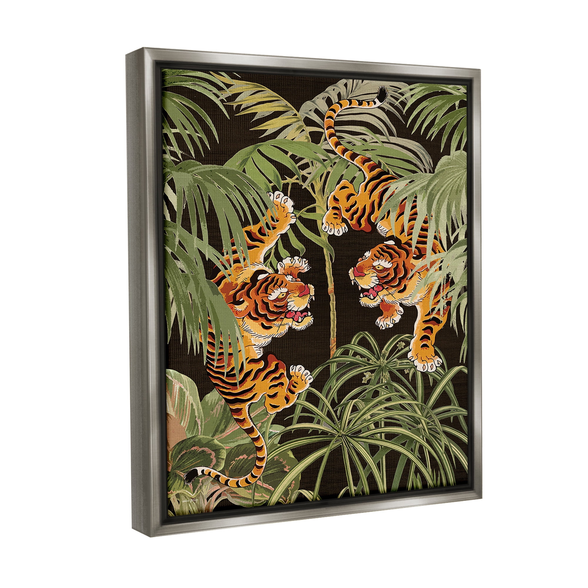 Stupell Industries Fierce Tigers with Plants Animals & Insects Painting Gray Floater Framed Canvas Art Print Wall Art, 25 x 31