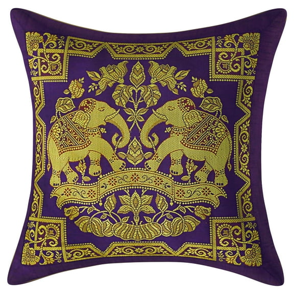Stylo Culture Indian Christmas Brocade Purple And Gold Throw Pillow Covers 12x12 Jacquard Weave Banarasi Couch Pillow Cases Elephant Floral 30x30 cm Decorative Cushion Covers (1 Pc)