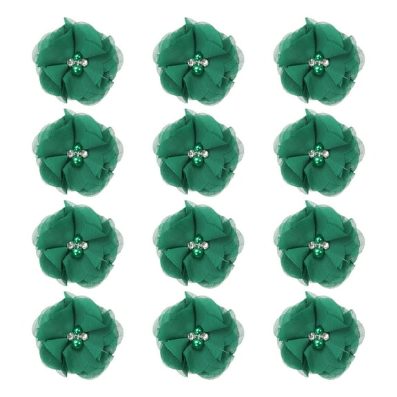 Uxcell 2 Inch Chiffon Flowers, 12 Pcs Rhinestone Pearl Sewing Fabric Flowers, Dark Green