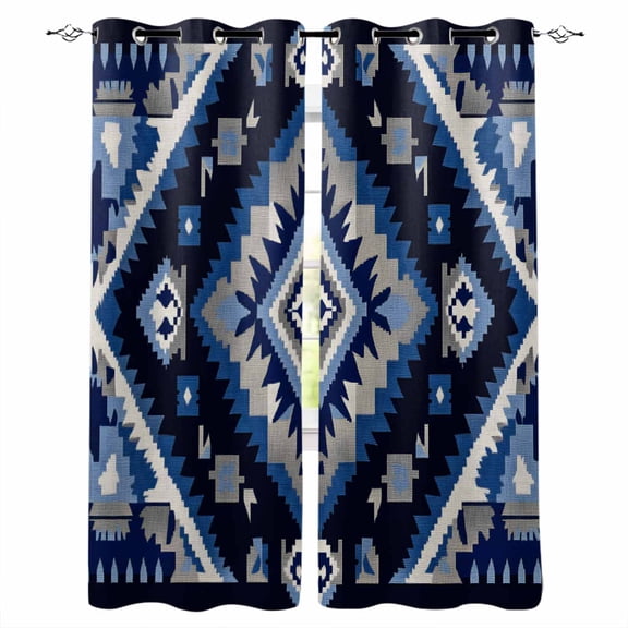 Boho Navy Blue Grey Blackout Curtains 84 Inches Long for Bedroom, Ethnic Geometric Southwestern Vintage Thermal Insulated Room Darkening Black Out Window Curtain Panels Grommet Drapes for Living Room