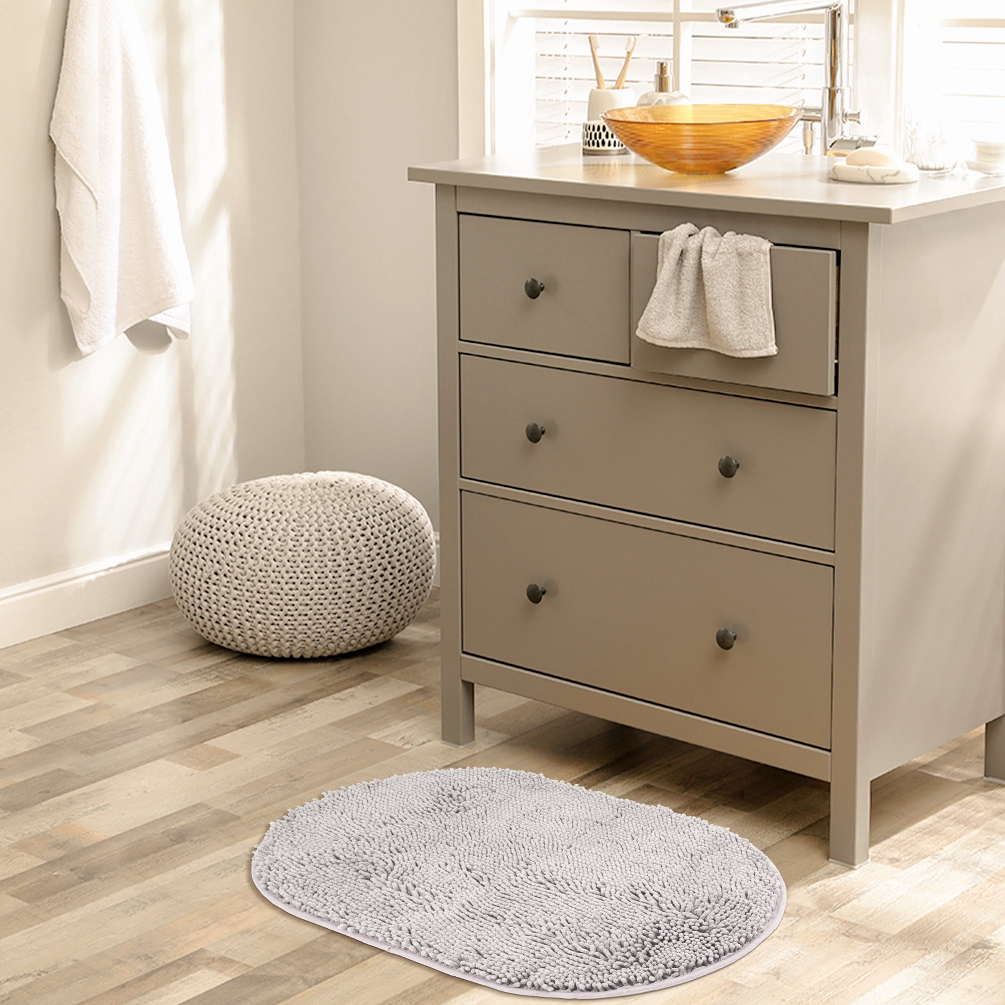 Unique Bargains 2 Pcs Oval Plush Mat Non Slip Washable Rug Light Grey 16" x 24"