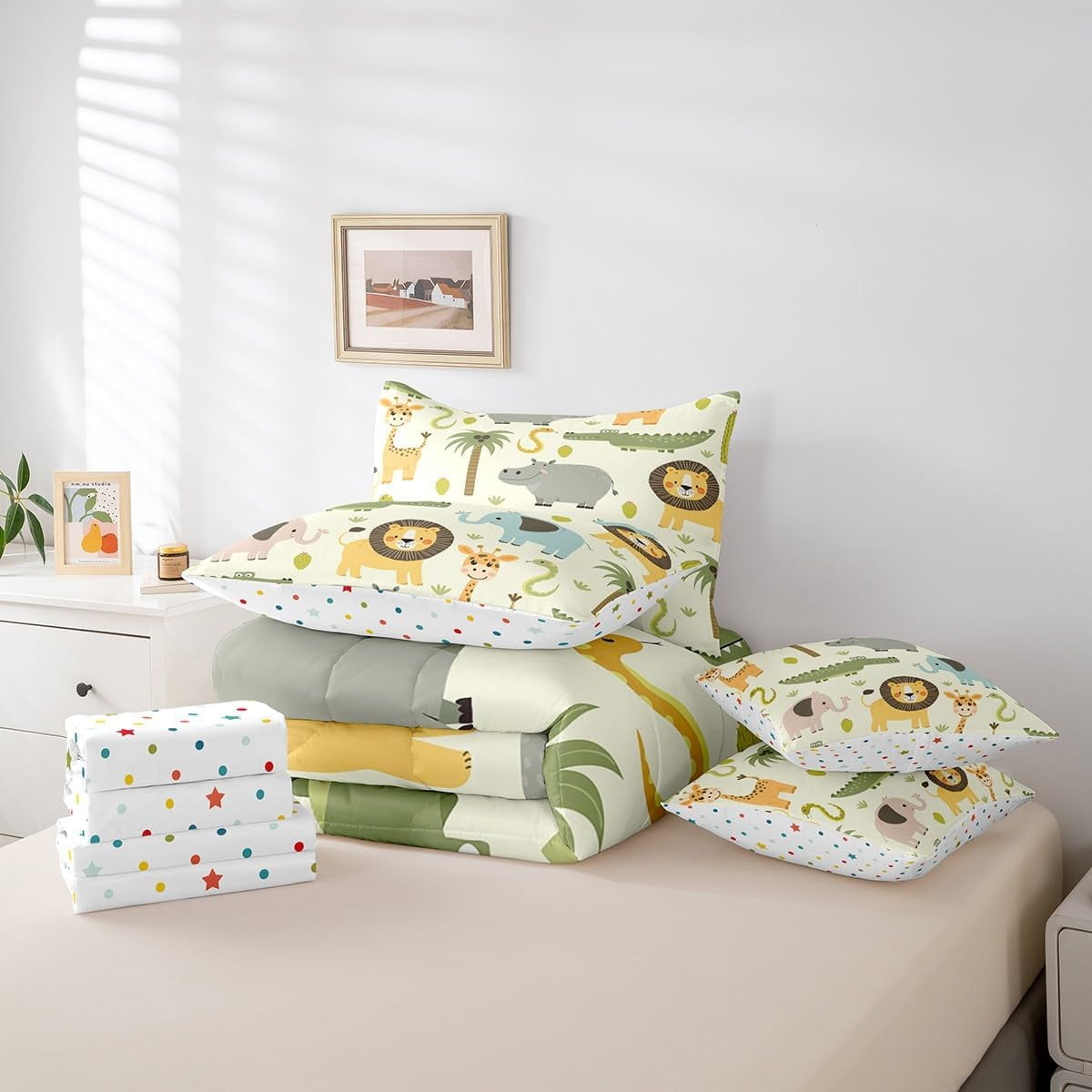 Manfei Nature Wildlife Zoo Animal Theme 7 Pieces Bedding Comforter Set,Cartoon Lion Giraffe Crocodile Full Bedding Set Reversible