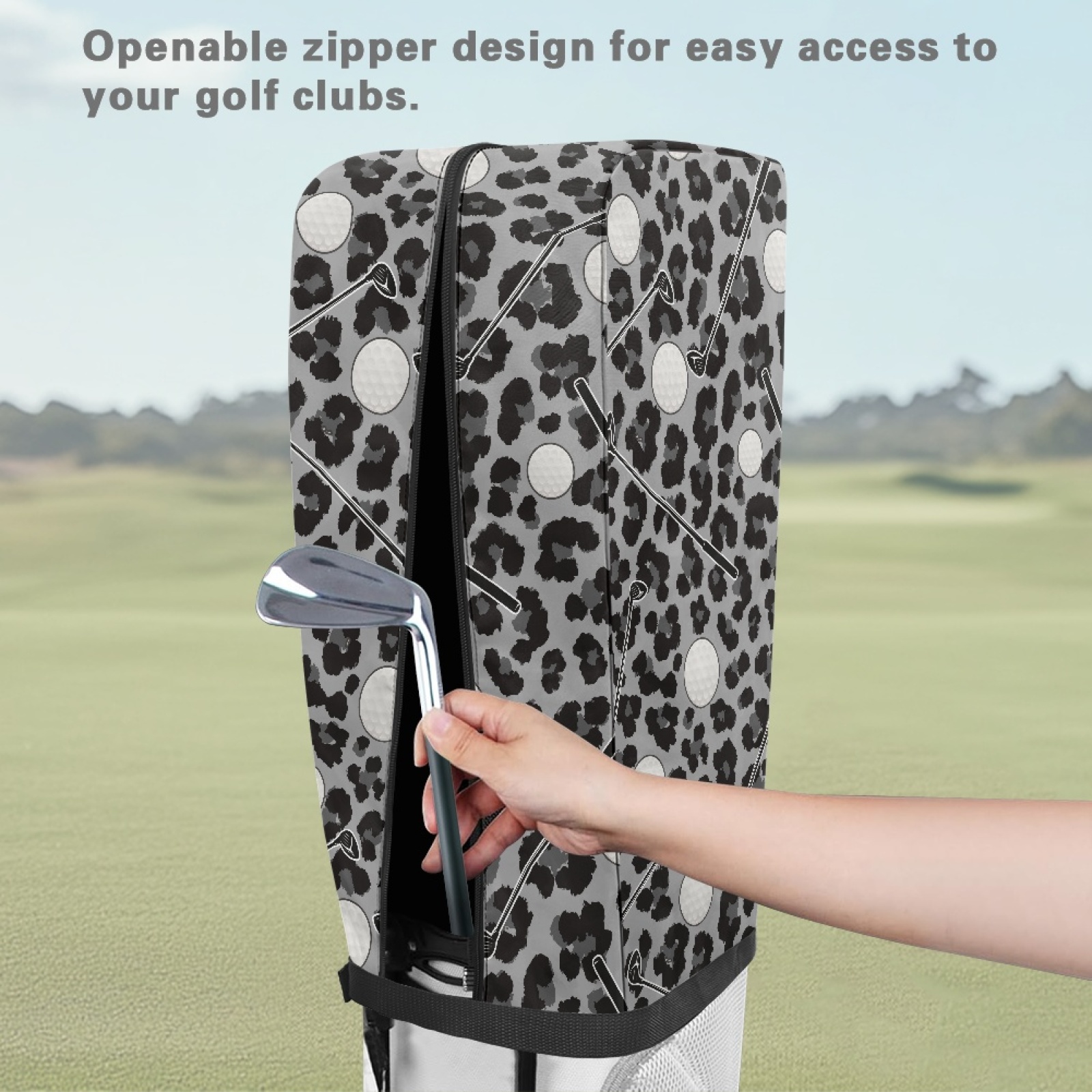 Yuyamidu Golf Ball Golf Bag Cover Gray Leopard Print Hood Golf Bag Dust Cover for Clubs Protection with Snap Button and Zipper