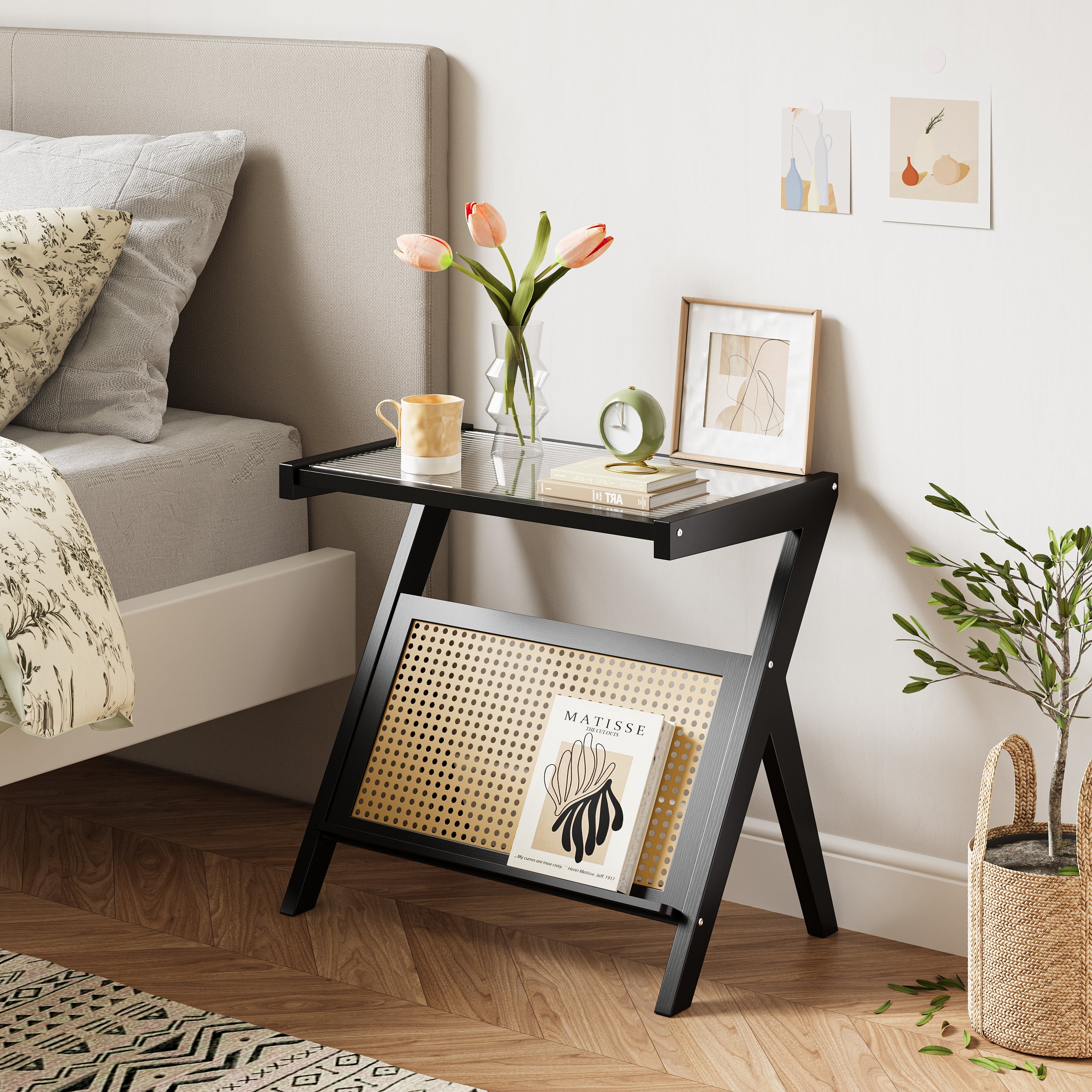 Furnibear C Shaped Side Table Sofa End Table Slide Under Couch Snack Table with Sturdy Metal Frame for Living Room and Bedroom, Black