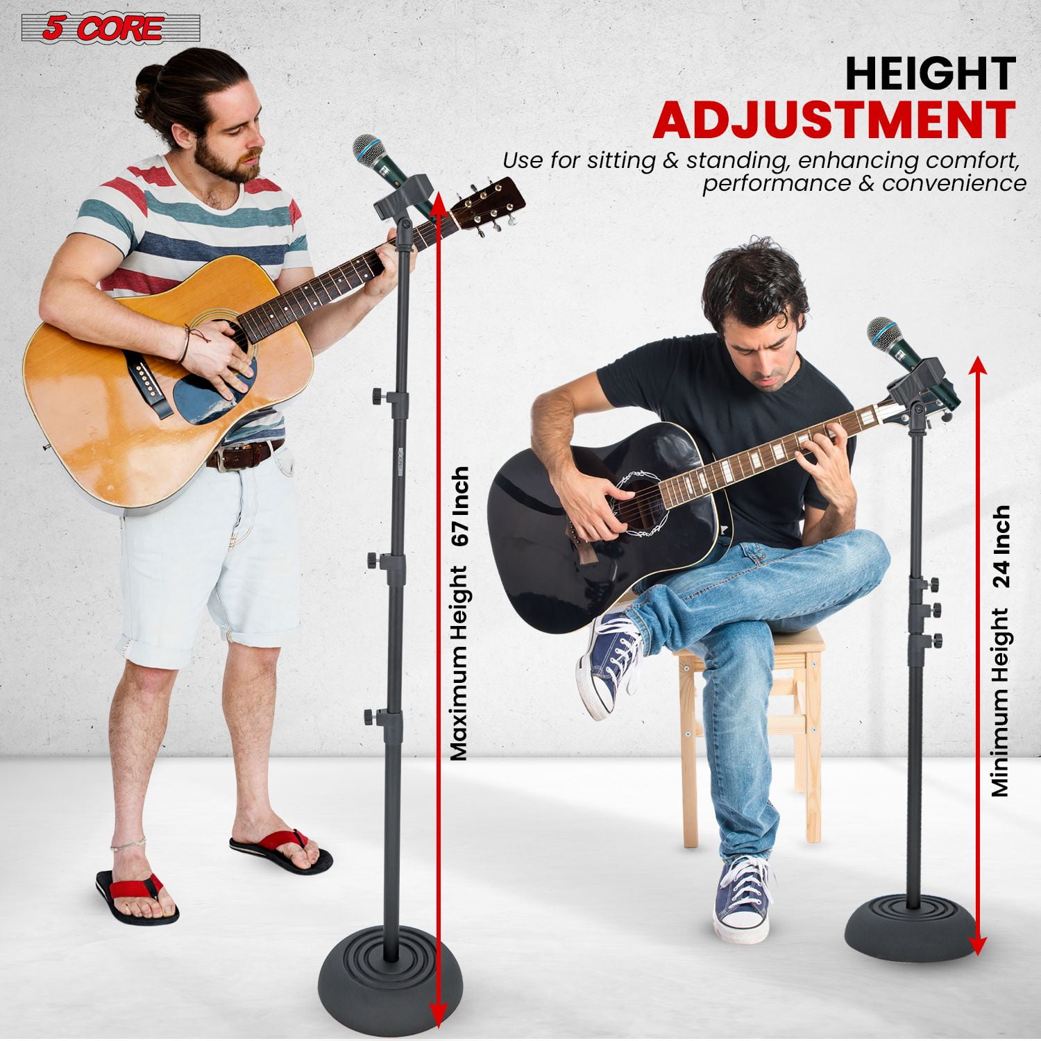 Mic Stand Floor Height Adjustable 24 to 67 Inch 2Pcs Universal Heavy Duty Microphone Stands Round Base Soporte De micrófono for Studio Singing Church On Stage - MS RBP 3T 2PCS