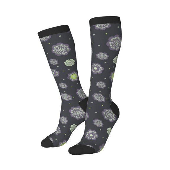Knee High Socks for Women Men Athletic - Purple Flower Thigh-High Black Sole Comfort Breathable Long Socks for Casual Travel Running