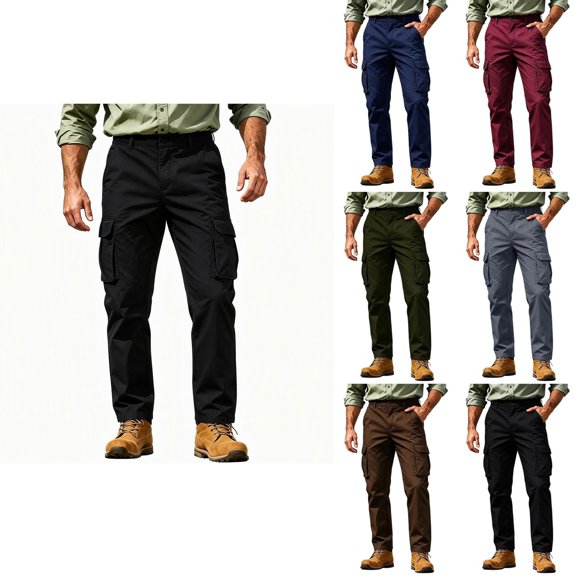 Mens Cargo Pants Sevevn Button Fly Elastic Side Waist Large Flap Pockets Straight Leg Relaxed Fit Cotton Woven Trousers for Casual Work Daily Wear