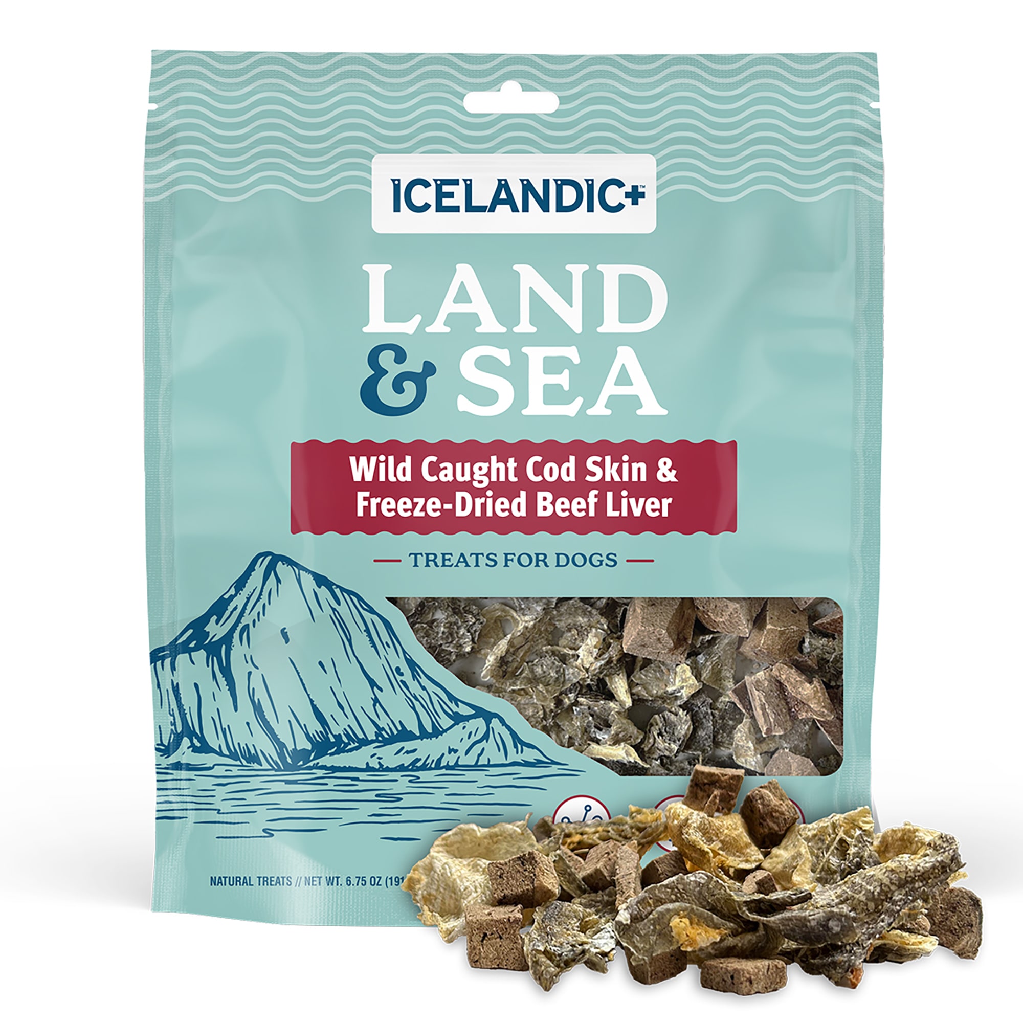 Icelandic+ Land & Sea Wild Caught Cod Skin & Freeze-Dried Beef Liver - 6.75oz Bag, Dog Treat & Food Topper, 2 Ingredients, No Preservatives, Natural