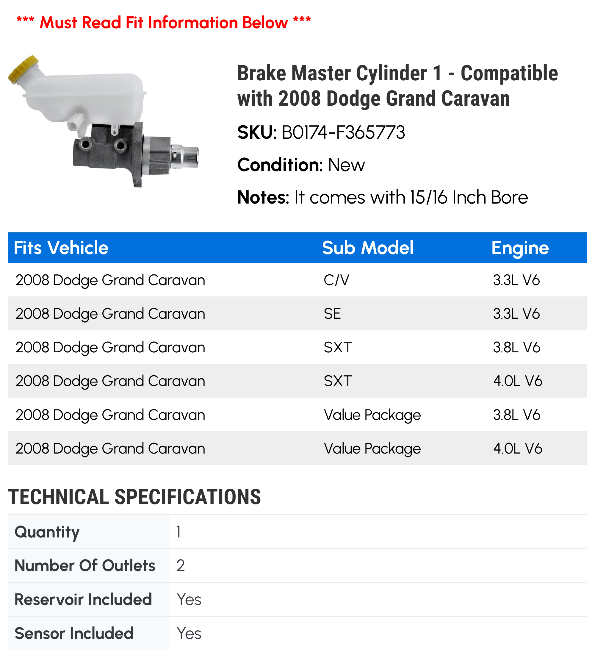 Brake Master Cylinder 1 - Compatible with 2008 Dodge Grand Caravan - Autopart Premium