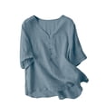 thumbnail image 2 of ClodeEU Women's Summer Short Sleeve V Neck Linen Blouse,Solid Color Breathable Casual Loose Top Blue,Women's Plus L, 2 of 3