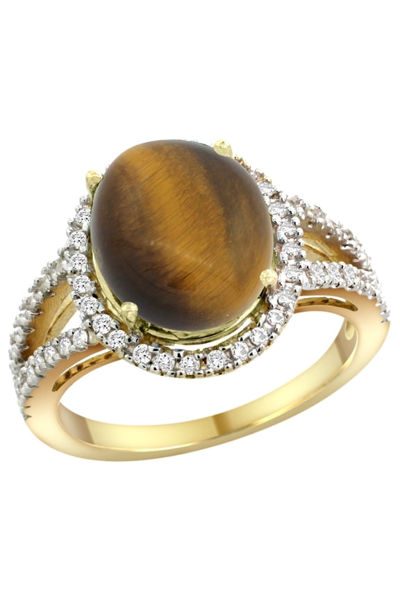14k Yellow Gold Natural Tiger Eye Ring Oval 12x10mm Diamond Accents, size 10