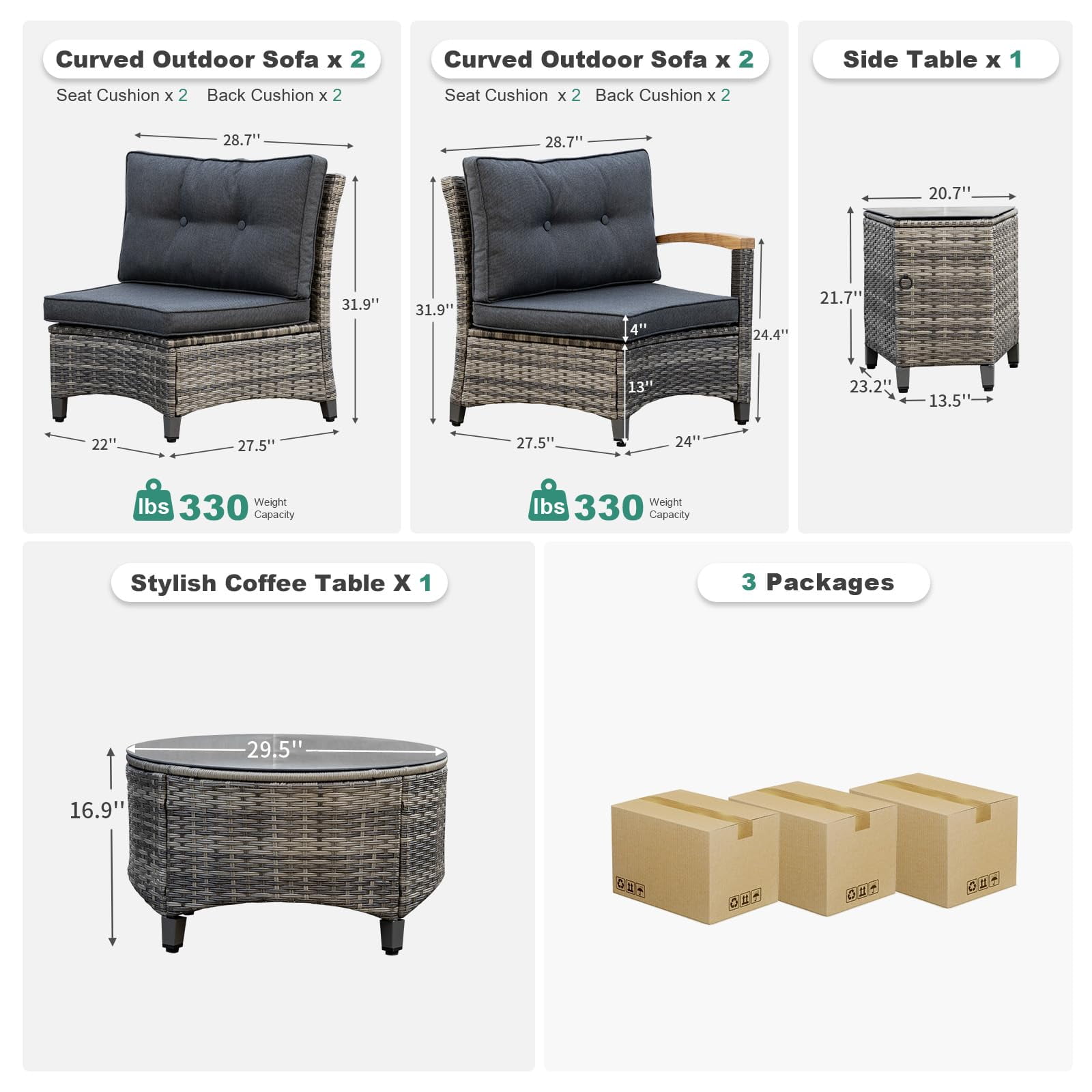 MEISSALIVVE 6 Piece Outdoor Patio Furniture Set, Half-Moon Curved Rattan Conversation Set with Wood Armrests, Round Coffee Table & Side Table(Grey)