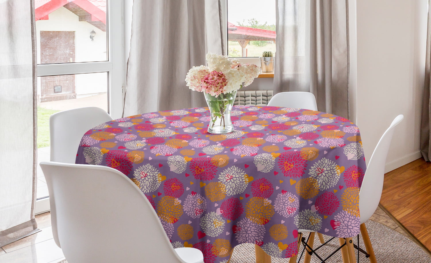 Floral Round Tablecloth, Illustration of Flowers and Hearts in Spring