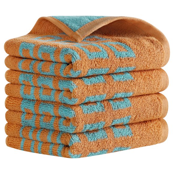 REGALWOVEN Geometry Patterned Bathroom Hand Towels, Cotton Absorbent Soft Towel for Hand, Face, 13 x 28 Inch Brown 4-Piece