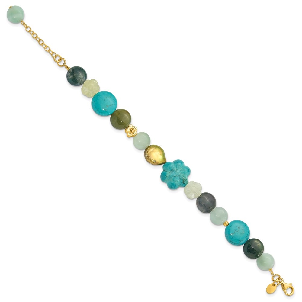 Diamond2Deal 925 Sterling Silver Gold-plated Amazonite/Jasper/Jade/Recon Magnesite Bracelet for Women 1in ext.40"