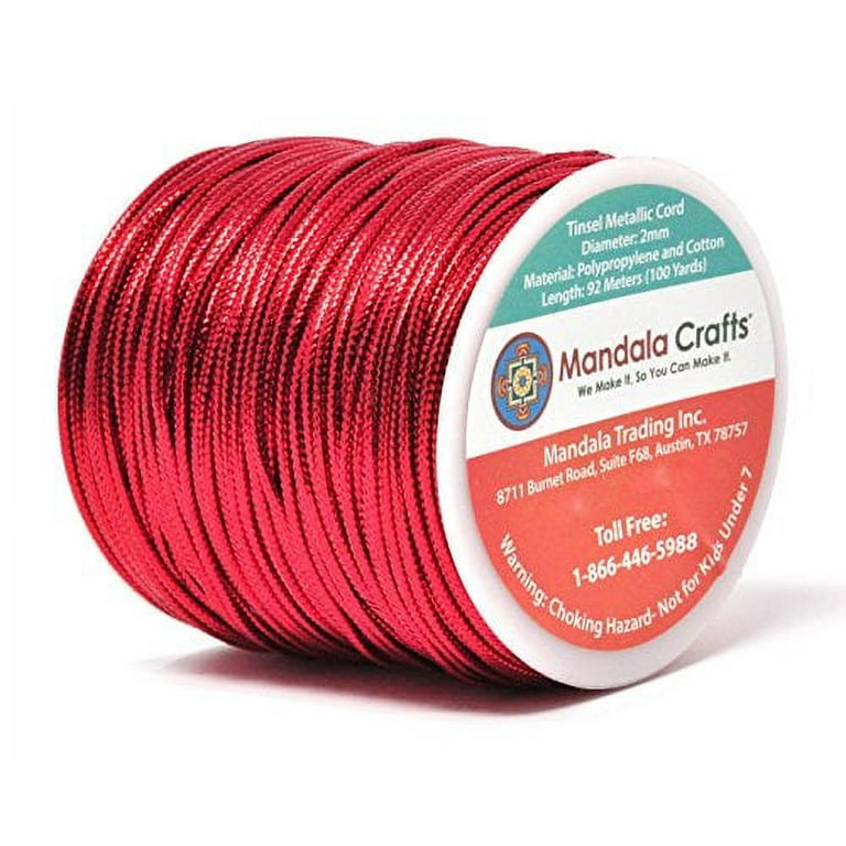 Mandala Crafts Metallic Cord Tinsel String Rope for Ornament Hanging,  Decorating, Gift Wrapping, Crafting; Non Elastic 2mm 100 Yards, Red 