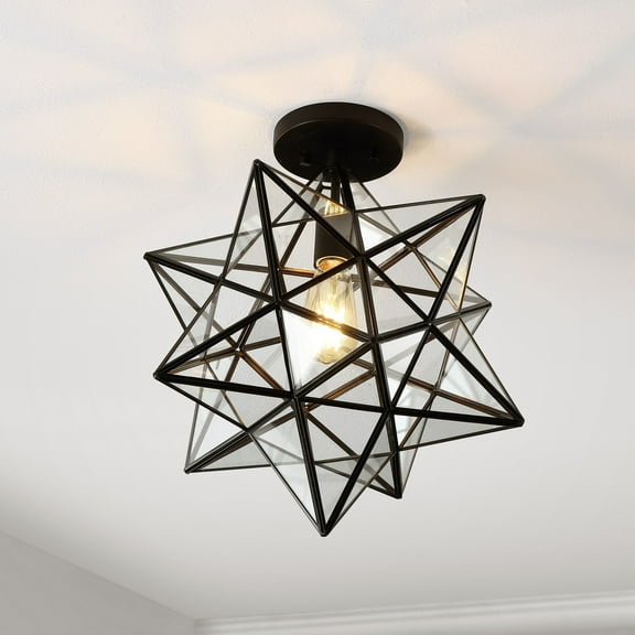 JONATHAN Y Ava 14.5" 1-Light Farmhouse Bohemian Iron/Glass LED Semi Flush Mount, Black/Clear, JYL9923A